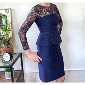 David Meister Sz 8 Navy Blue Peplum Lace Illusion Sleeve Pencil Sheath Dress